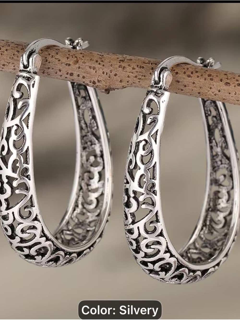 Sterling-Style Silver Filigree Hoop Earrings-retro patterned hollow